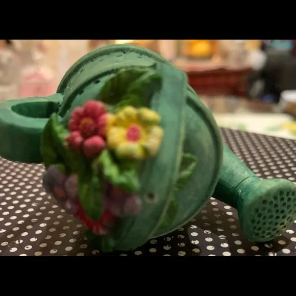 Candle Snuffer w Brass Interior Green Watering Can Topped with Flowers 2 1/2 “ - Picture 4 of 10